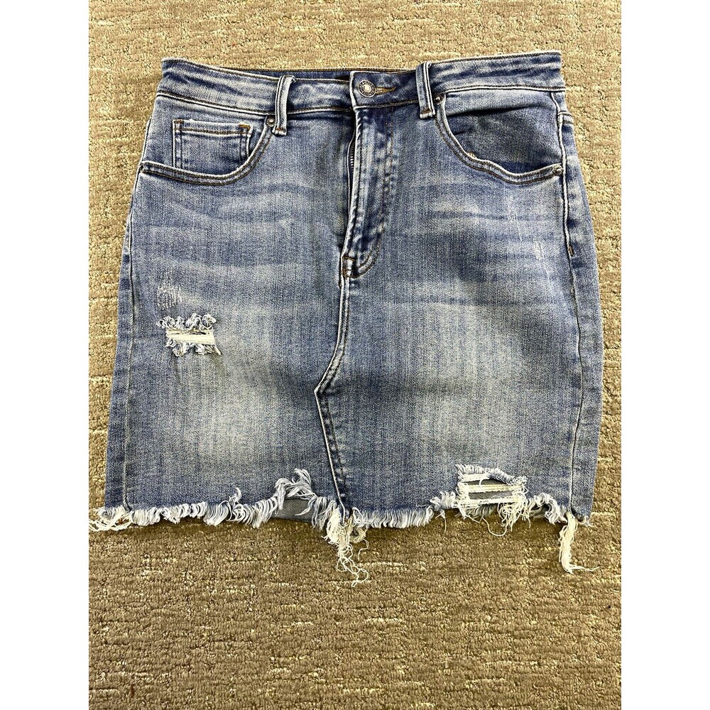 Risen Blue Denim Mini Skirt L Distressed Fringe Raw Hem Button Pockets RDS1076K